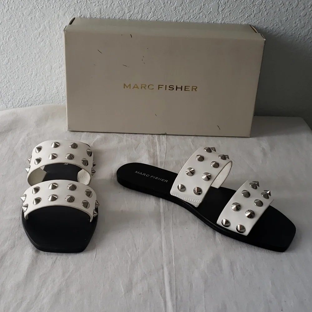 Marc Fisher White Studded Double-Strap Slide Sandals